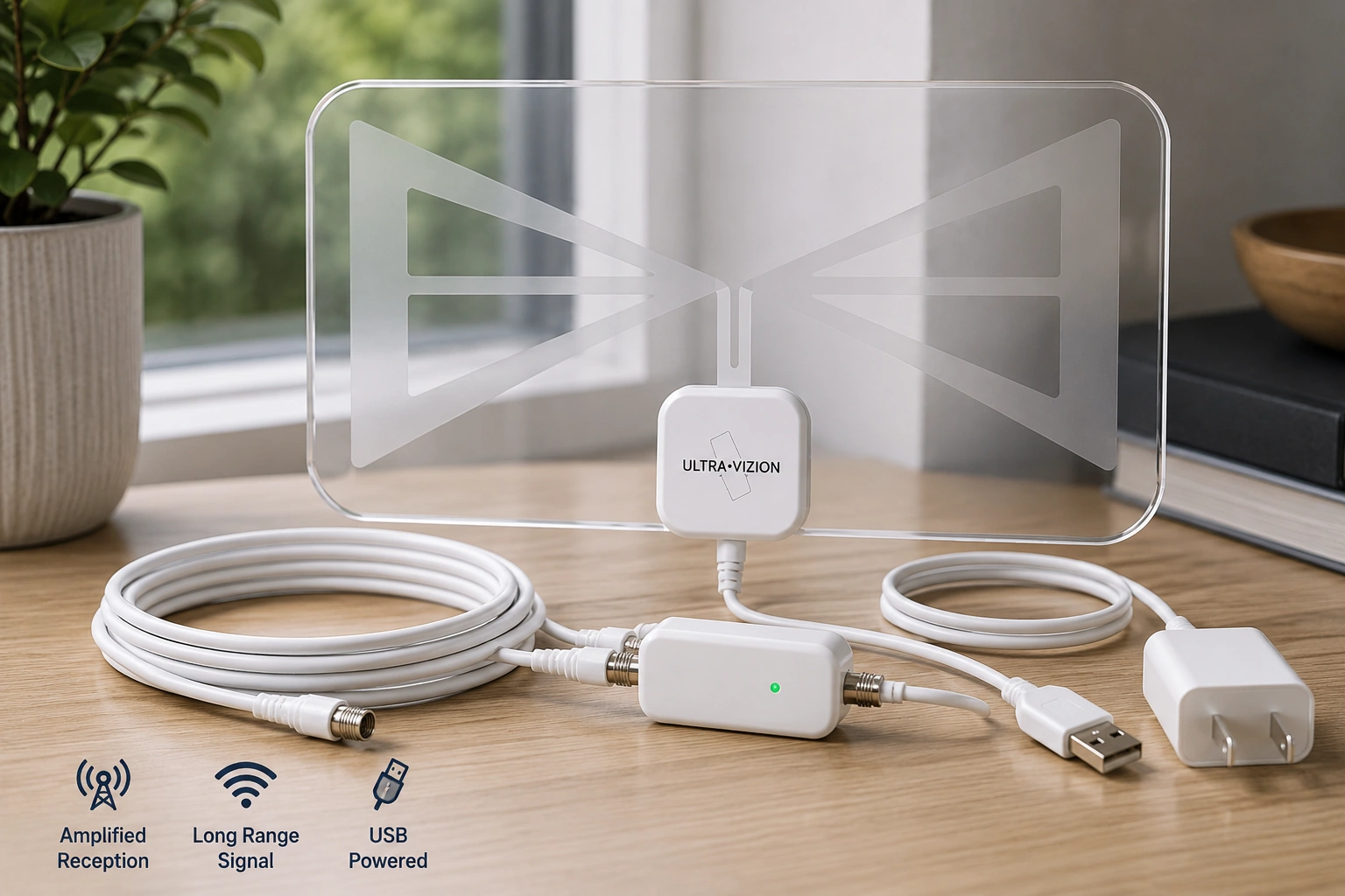 Close-up of UltraVizion transparent indoor antenna panel and amplified connection cable