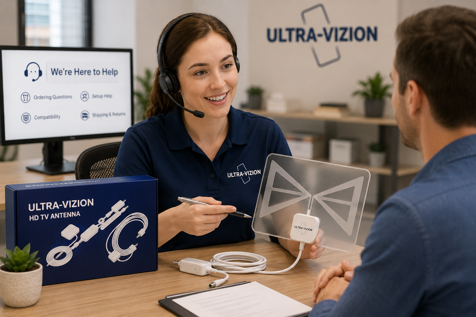 Customer support representative helping with UltraVizion antenna setup and ordering questions