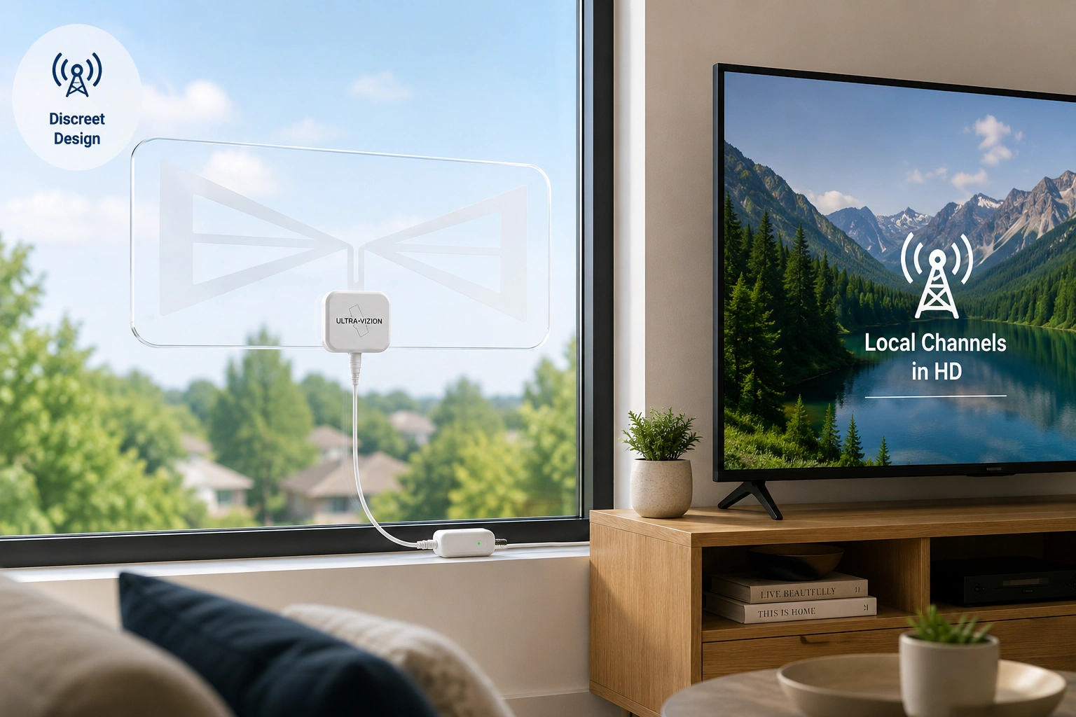 UltraVizion indoor TV antenna blending into a window beside a television setup