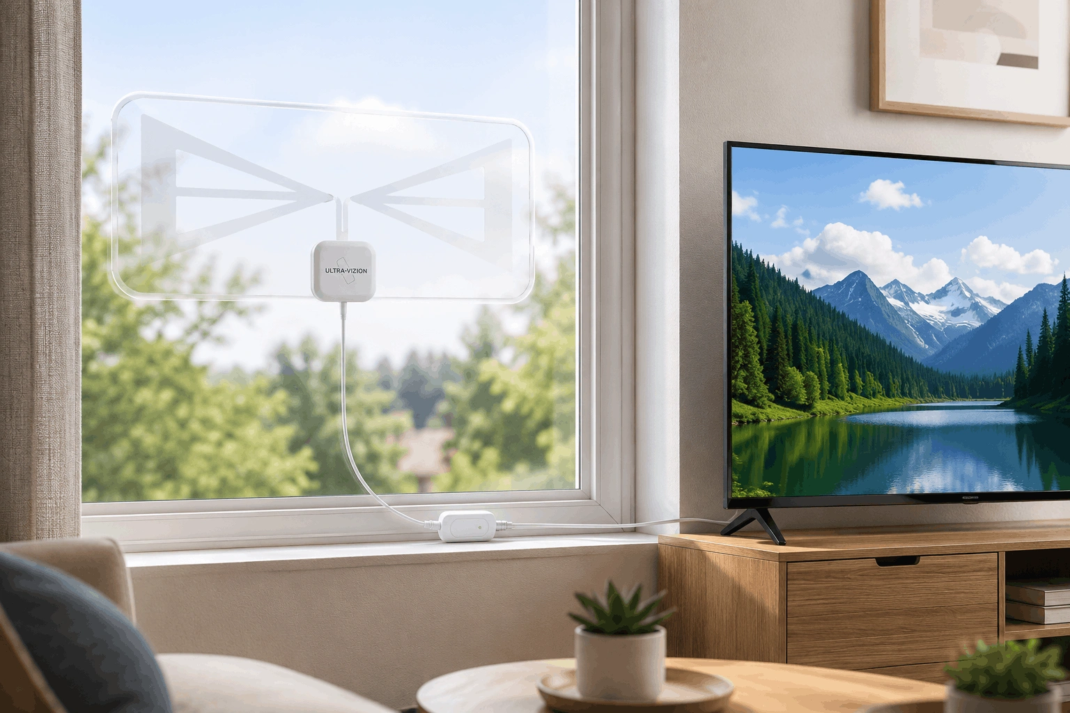Ultra Vizion transparent indoor amplified antenna positioned discreetly on a living room window