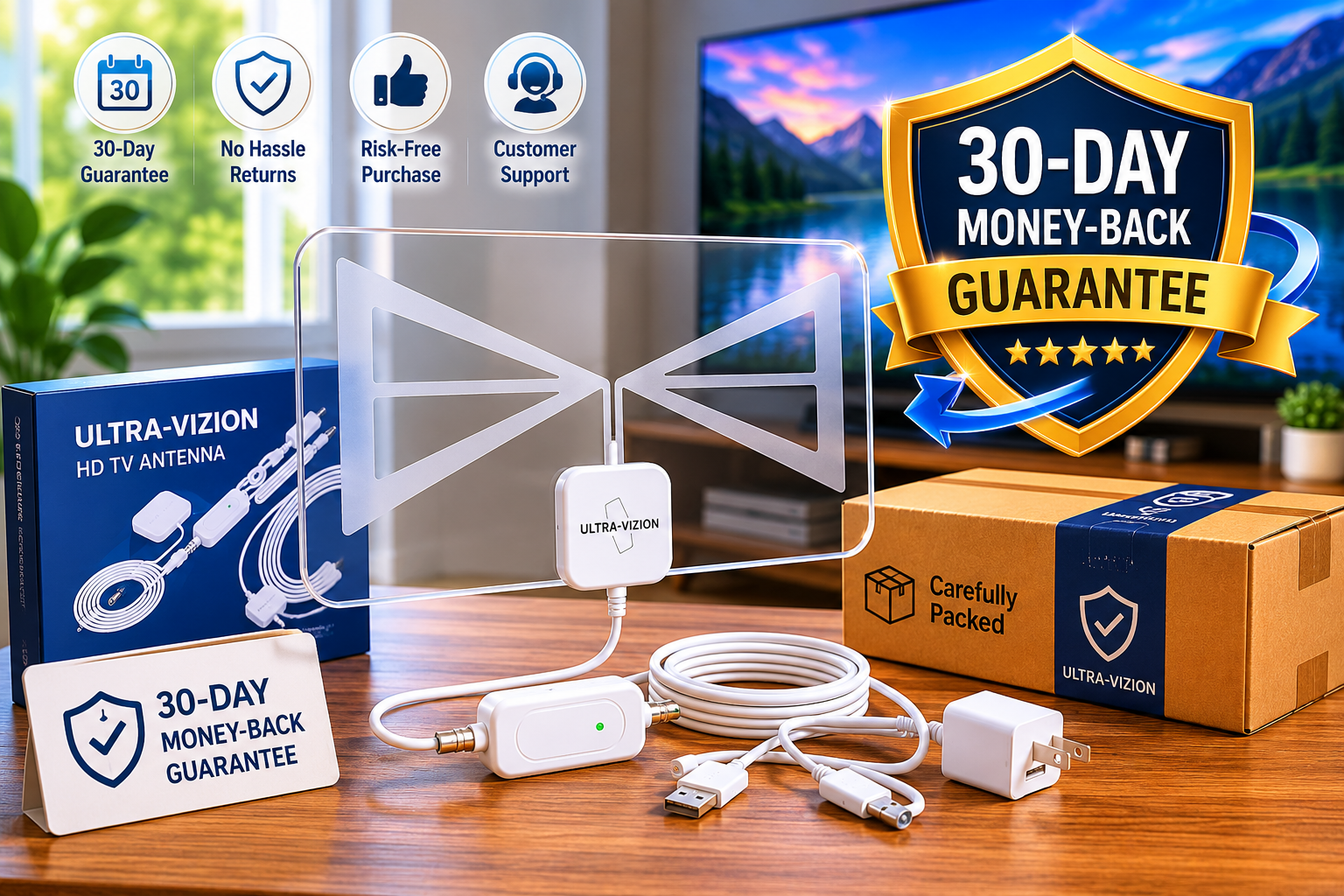 UltraVizion antenna beside 30-day money-back guarantee badge and order packaging