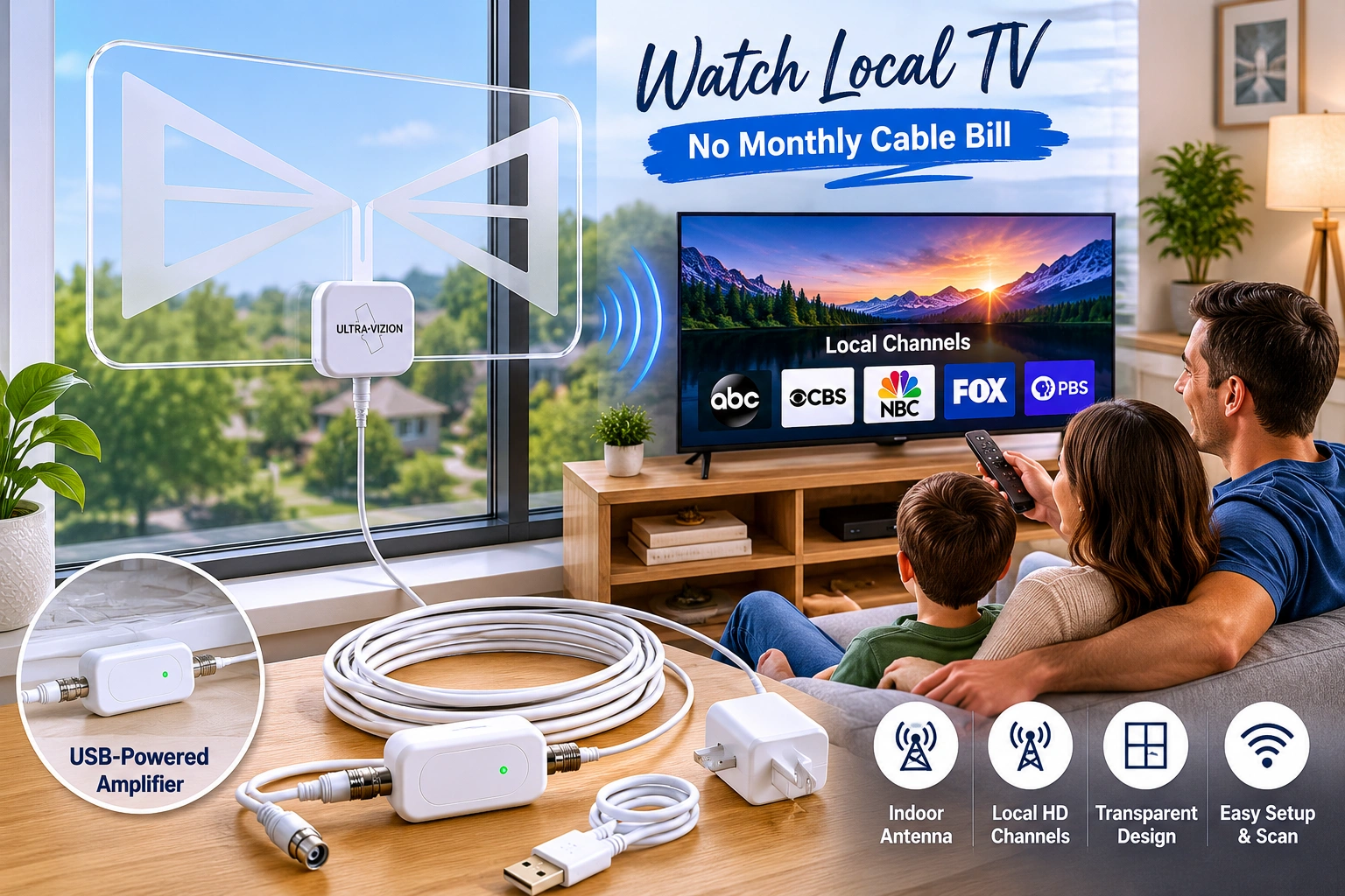 Product Overview: What Is Ultra Vizion? Transparent indoor amplified TV antenna setup