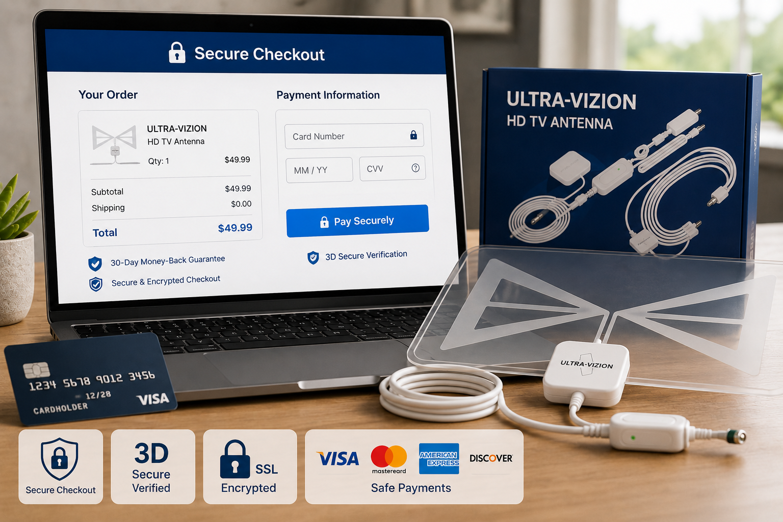 Secure checkout screen for UltraVizion antenna purchase with protected card payment icons