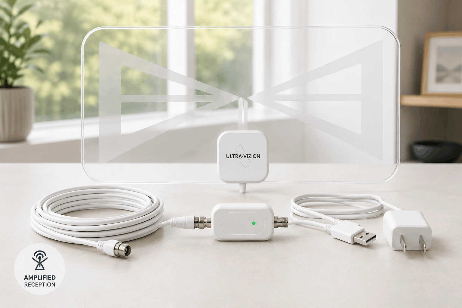 UltraVizion transparent indoor amplified TV antenna with coaxial cable and USB-powered amplifier setup