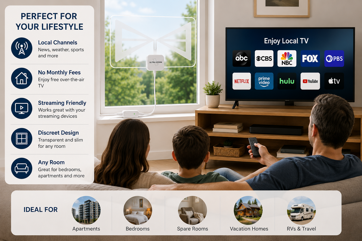 Viewer choosing UltraVizion indoor antenna for local television and streaming-friendly home setup